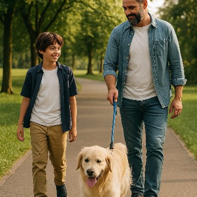 au parc un homme promene son chien avec son fils laisse pour chien en main