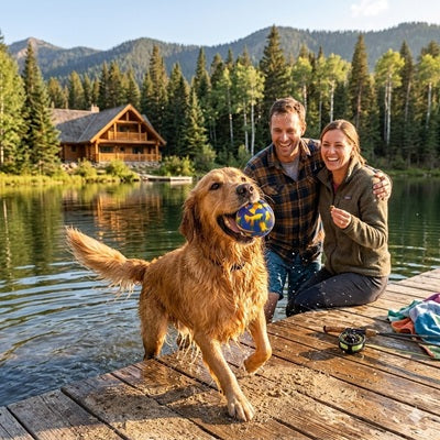 Balle chien EVA flottante lac Golden Retriever couple nature pontons
