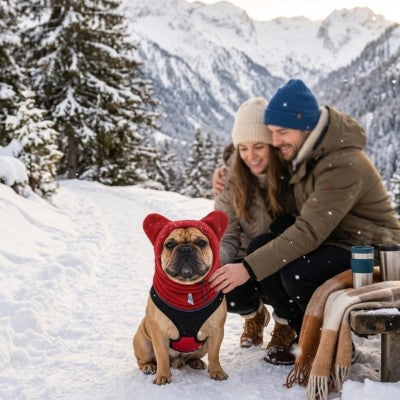 bonnet chien rouge bouledogue couple montagne neige Alpes hiver