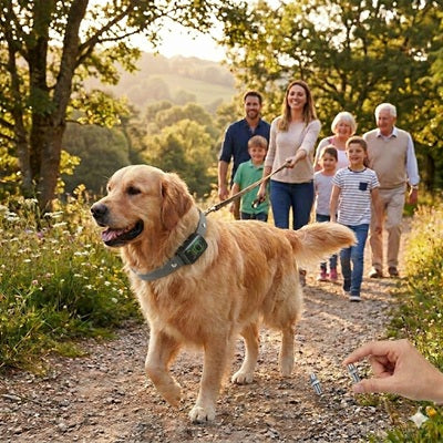 Collier anti-aboiement gros chien Golden Retriever famille forĂȘt balade