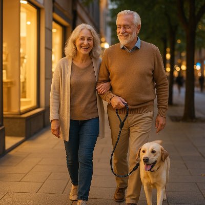 couple age souriant en ville leur chien attache avec une elegante laisse pour chien