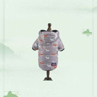 doudoune pour chien grise motif teckel rouge manteau hiver capuche chaud