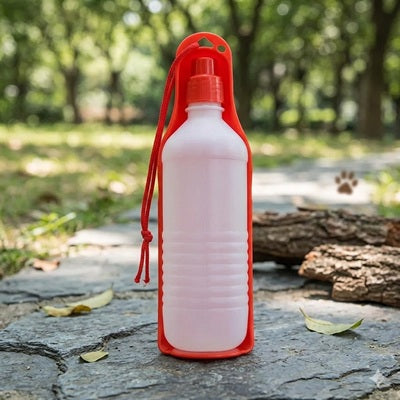 gourde chien portable rouge bouchon sport balade forêt sentier