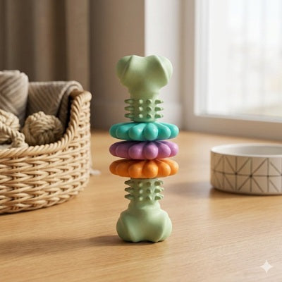 Jouet pour chien os caoutchouc vert anneaux colorés intérieur