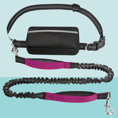 laisse chien main libre avec poingnee rose mousqueton metalique ceinture reglable et pochette pratique pour accessoires