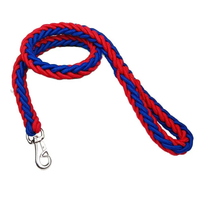 laisse chien rouge et bleue avec poignee et mousqueton metalique argente