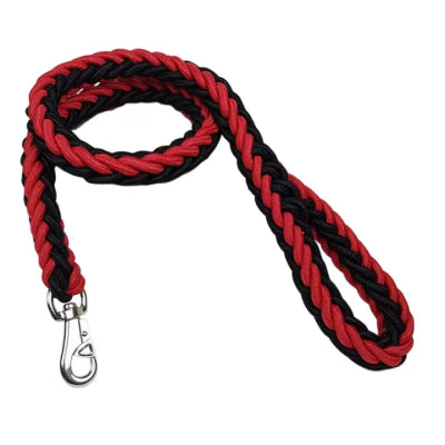 laisse chien rouge noire avec poignee et mousqueton metalique argente