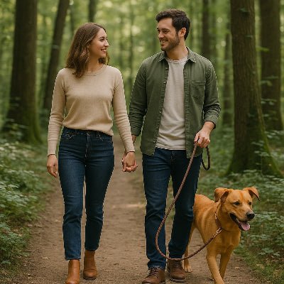 jeune couple souriant promene en foret leur chien attache avec une solide laisse de chien