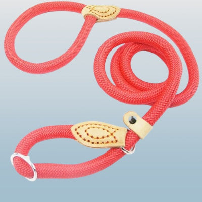 laisse de chien rouge en corde epaisse avec anneaux metalliques et couture decorative beige