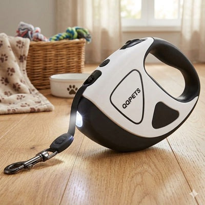 Laisse enrouleur gros chien LED intégrée blanc qqpets intérieur