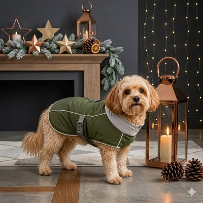 manteau chien pluie petit chien vert intérieur noël cheminée bougie