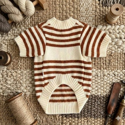 Manteau en laine pour chien à tricoter rayures caramel flatlay osier