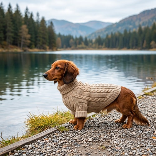 Manteau laine pour chien Teckel beige torsadé bord du lac