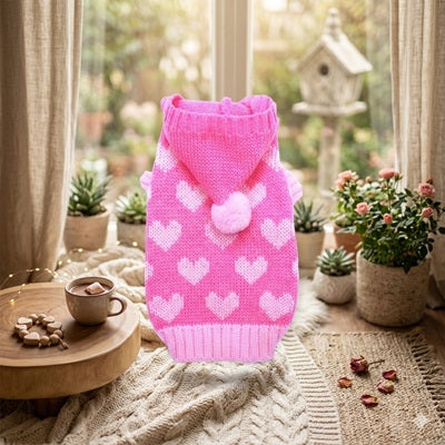 Manteau pour chien en laine rose capuche cœurs dos intérieur
