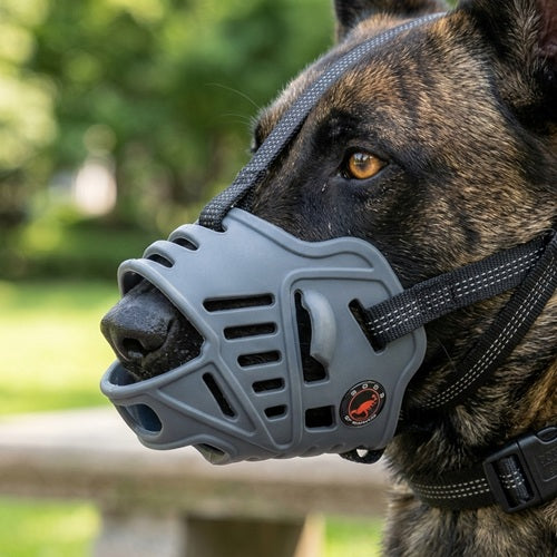 Muselière chien Malinois grise ajourée vue de profil extérieur