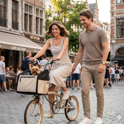Panier pour vélo chien couple Grand-Place Bruxelles yorkshire café
