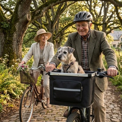 panier vélo chien couple seniors jardin balade chien terrier
