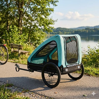 Remorque chien vélo bleue turquoise piste cyclable lac filet ventilation