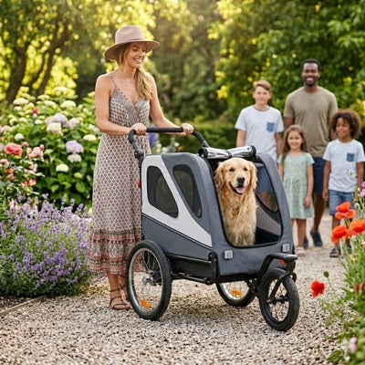 remorque vélo pour chien poussette golden retriever famille jardin fleurs