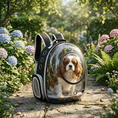 sac à dos chien bulle transparente Cavalier King Charles allée jardin