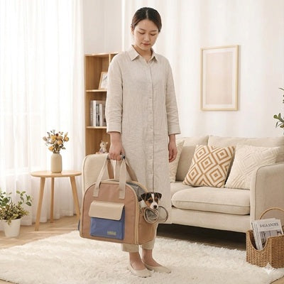 sac a dos pour chien cabas beige bleu femme salon lifestyle