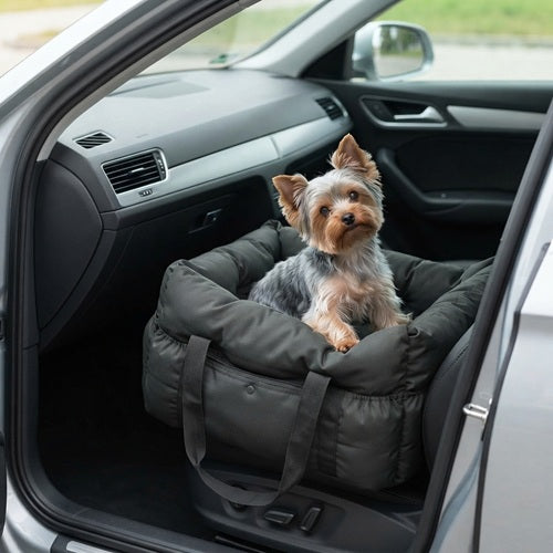 Siège auto chien gris rembourré Yorkshire place passager avant