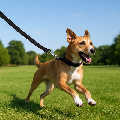 un chien energique galope dans un parc tenu par une laisse de chien noire longue