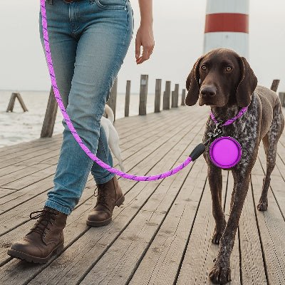 une femme avance sur le quai son chien suit grace a la laisse pour chien