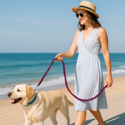 une femme et son chien attache avec une laisse chien rouge et bleue se promenent sur la plage