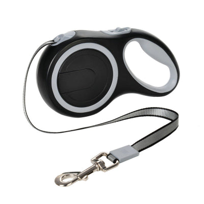 une laisse enrouleur retractable pour chien grise avec poignee ergonomique et mousqueton metalique