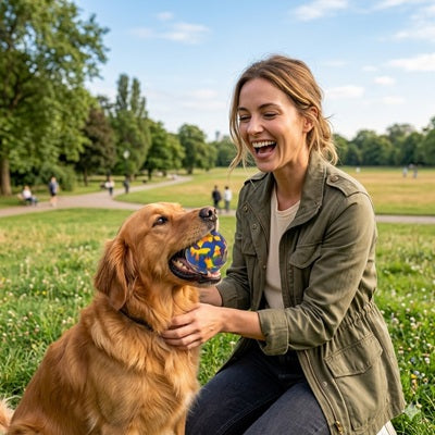 Balle chien EVA Golden Retriever maîtresse parc jeu complicité rapport