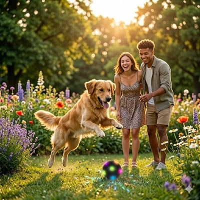 balle chien led jeu extérieur golden retriever jardin famille soleil