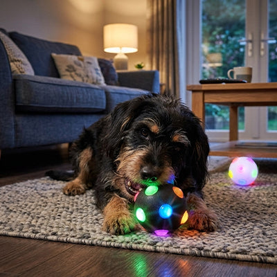 balle chien led noir cockapoo salon jouet lumineux intérieur soirée