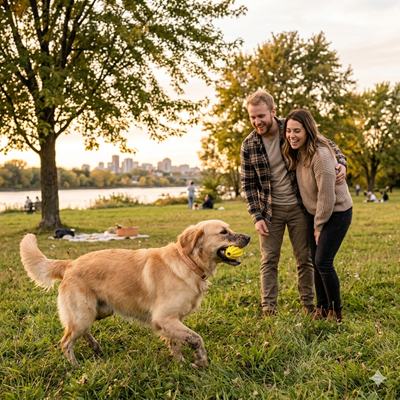 Balle pour chien indestructible jaune golden retriever couple parc coucher de soleil
