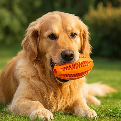 Balle pour chien indestructible orange golden retriever gueule herbe jardin caoutchouc