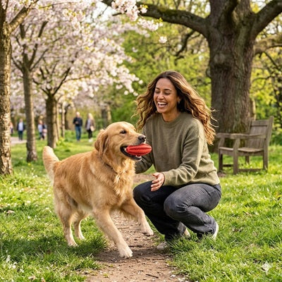 Balle pour chien indestructible rouge golden retriever femme parc cerisiers printemps