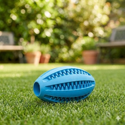 Balle pour chien indestructible rugby caoutchouc bleu jouet dentaire distributeur de friandises