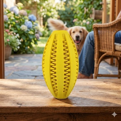 Balle pour chien indestructible rugby jaune golden retriever terrasse bois jardin