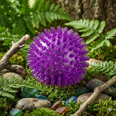 balle pour chien spike violette nature mousse pierres extérieur
