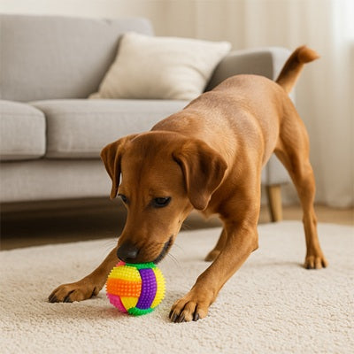 balles chien chiot labrador brun jeu tapis salon position arc