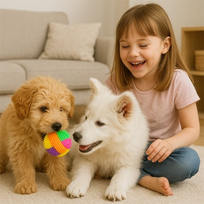 balle chien deux chiots enfant jeu salon labradoodle samoyède