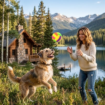 balles chien jeu montagne lac chalet maîtresse plein air