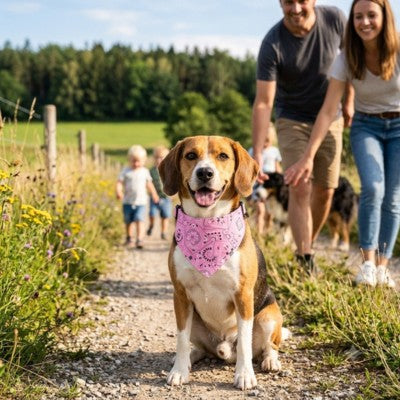 Bandana chien Beagle rose motif cachemire balade campagne famille