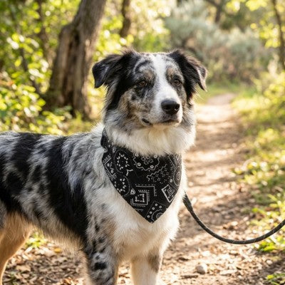 Bandana chien Berger Australien noir motif cachemire sentier forêt