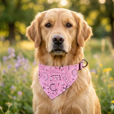 Bandana chien Golden Retriever rose motif cachemire jardin fleuri