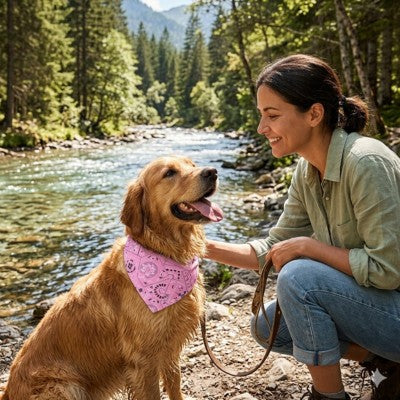 Bandana chien Golden Retriever rose rivière forêt femme randonnée