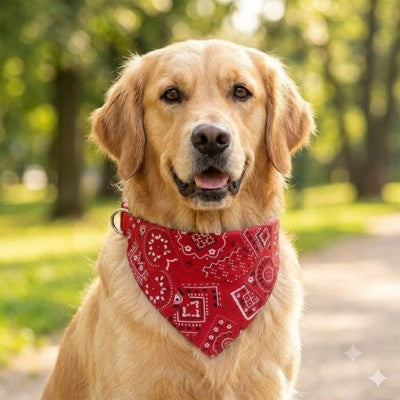 Bandana chien Golden Retriever rouge motif cachemire parc ensoleillé