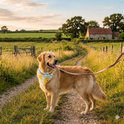 Bandana pour chien Golden Retriever campagne chemin coucher de soleil