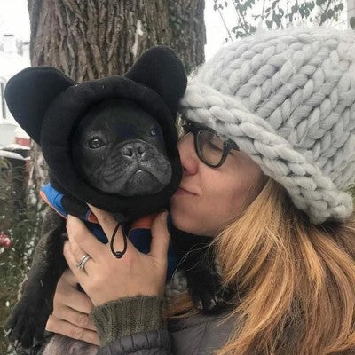 bonnet chien bouledogue noir hiver propriétaire lifestyle extérieur