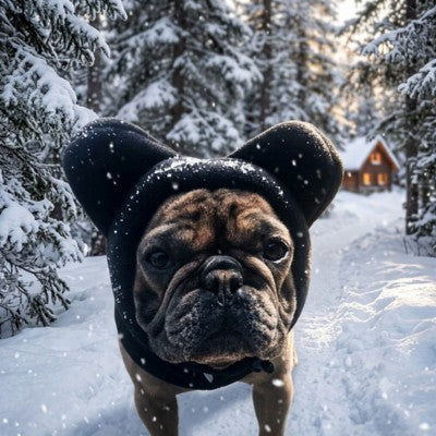 bonnet chien bouledogue noir neige chalet forêt hiver tempête
